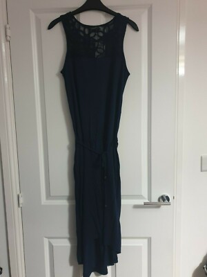 NEXT NAVY BLUE ASYMMETRIC DIP HEM EMBROIDERED LACE FLOWER PANEL BELT MIDI DRESS