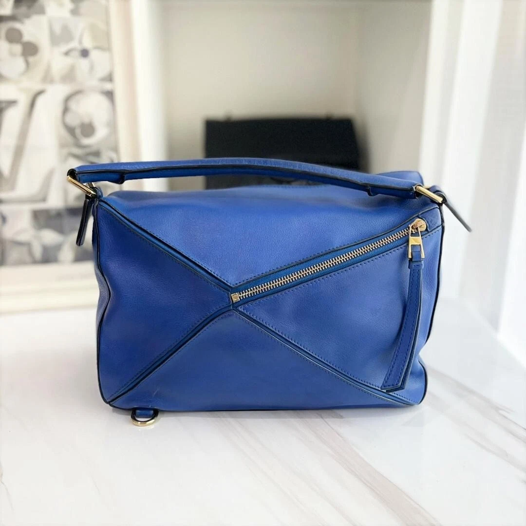 LOEWE Puzzle Bag 2way Blue Leather Medium handbag Shoulder Strap from japan