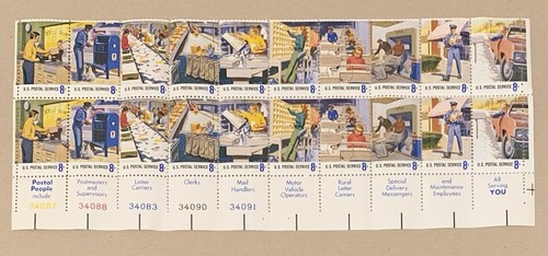 U. S. Scott #1498a, Postal Workers, Plate Block of (20) 1973 8¢ Stamps, MNH