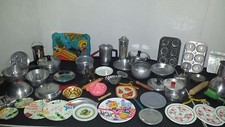 VTG Tin Litho Metal CHILDREN'S Doll Dishes COOKWARE PANS Cutlery 68 Pcs Lot toy