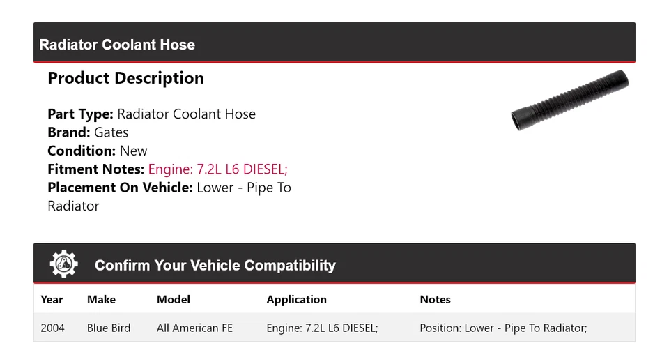 Puertas de manguera de refrigerante de radiador Blue Bird All American FE 2004 Foto 2 de 4