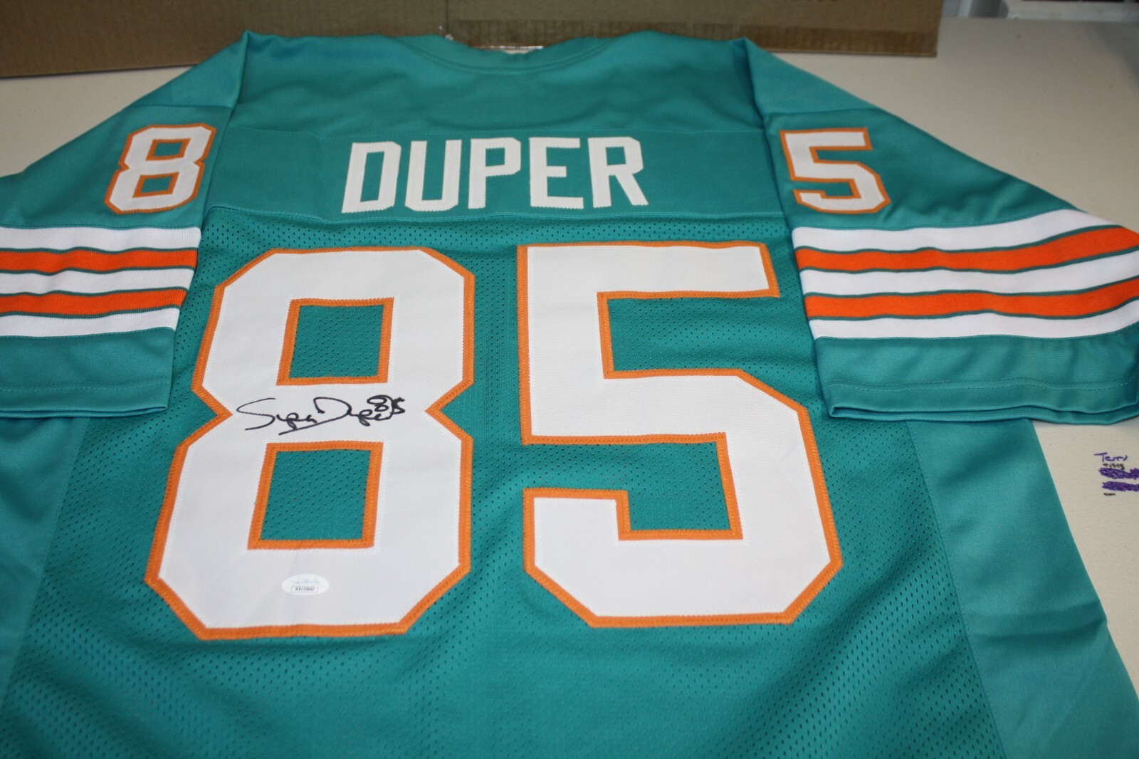 MIAMI DOLPHINS MARK DUPER #85 SIGNED HOME JERSEY "MARKS BROTHERS" JSA WITNESS