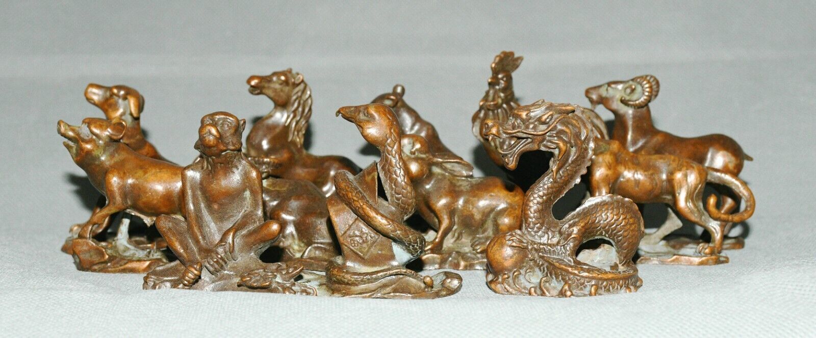 Antiguo conjunto de estatua de mono tiget caballo ratón zoidac bronce fengshui chino 12