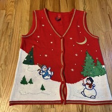 Vintage Ugly Ladies Christmas Tree Sweater Vest Snowman Winter Wonderland Size M