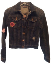 DKNY Jeans Blue Jean Jacket Denim Size S Embroidered Distressed Button Front