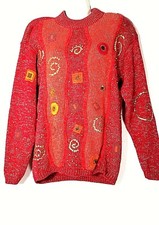 Vintage Ann Wi Women's Embellished Orange  Red Sweater Top Medium M 10 12 L 14