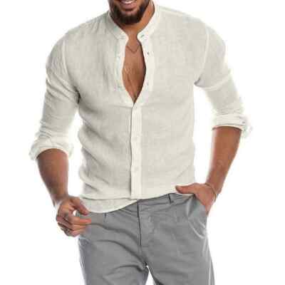 Cotton Linen Men's Summer Solid Color Stand-Up Collar Beach Long-Sleeved Shirts