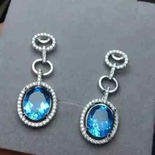 Drop-Dangle Earring 14K White Gold Plated Lab-Created Blue Topaz 3Ct Oval Cut