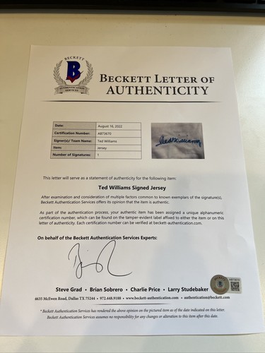 Ted Williams Signed Authentic Boston Red Sox Game Model Jersey Beckett COA - Picture 4 of 5