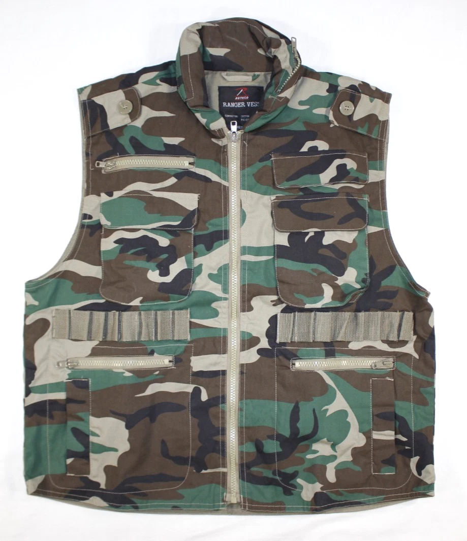 Rothco Ranger Vest Men's M Jacket Zip Multi Pocket Hooded Woodland Camo