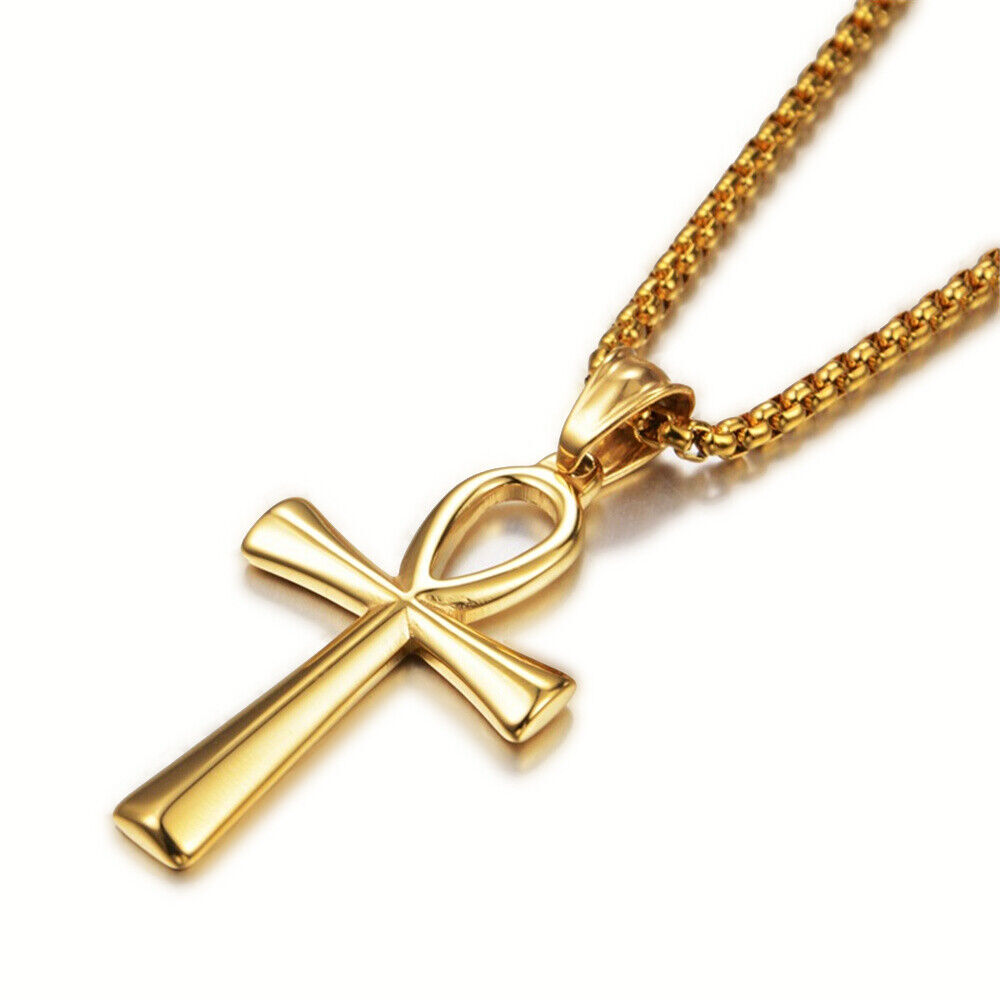 Silver Cross Pendant Necklace for Men Stainless Steel Gold Egyptian Ankh Chain
