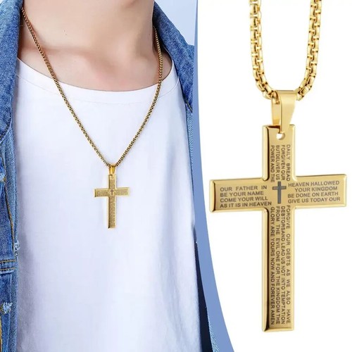 Gold Colored Stainless Steel Lords Prayer Cross And 60cm Chain Necklace AU Stock - Picture 3 of 3