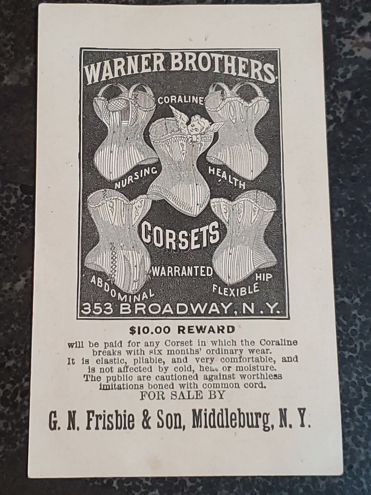 1880s GN Frisbie & Son Middleburg NY Dr Warners Corsets Cherub Child Trade Card