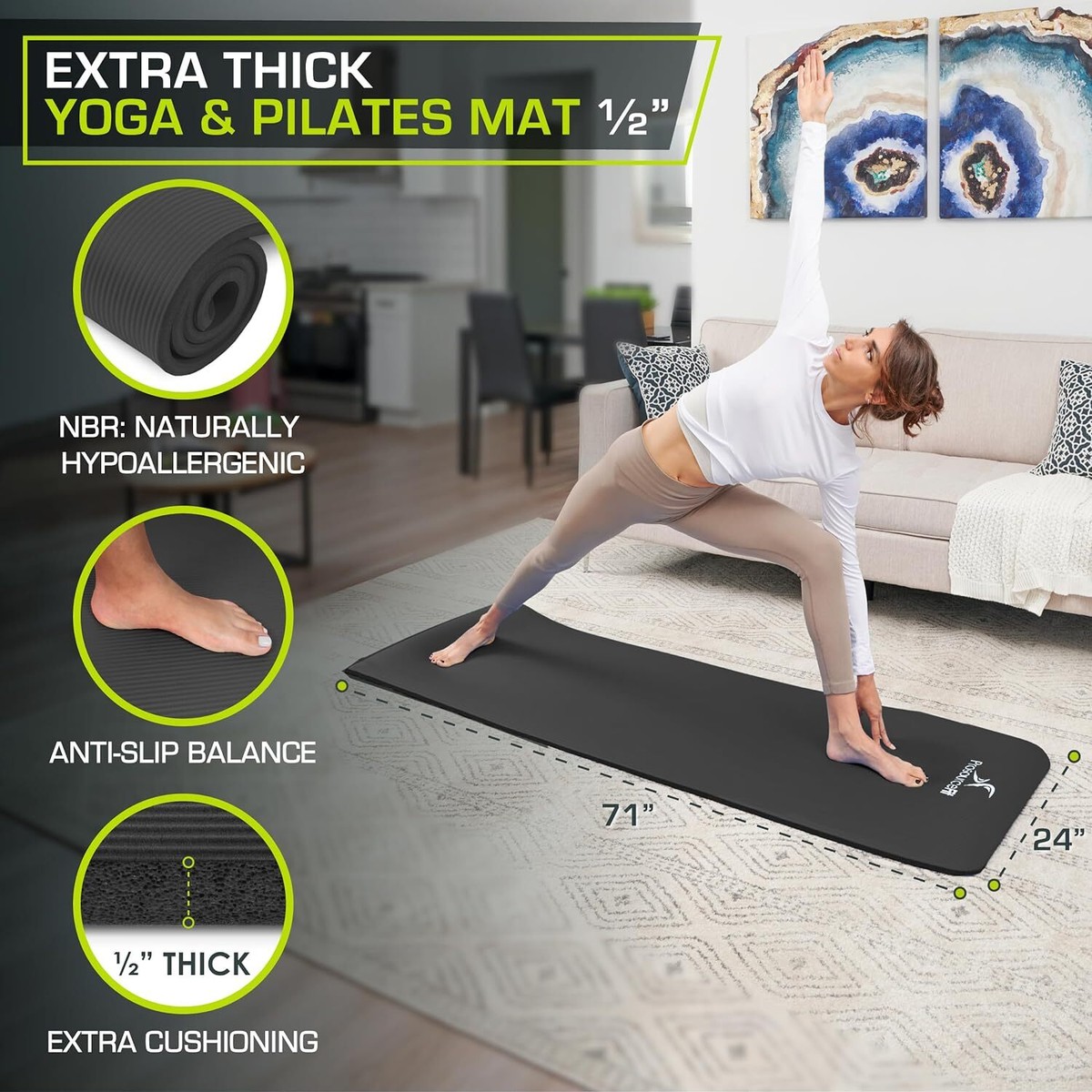 Extra Thick Black Exercise Mat 71X24 Non Slip Water Resistant