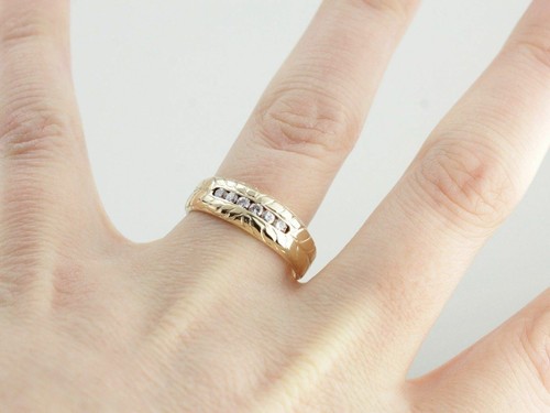 Handsome Unisex Diamond Wedding Band with Hand Engraved Pattern - Picture 4 of 5