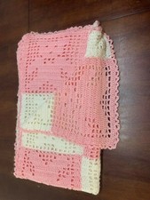 Vintage Baby Blanket Afghan Crochet Pink White Squares Bears Soft--stained