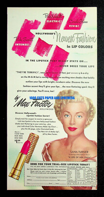 Max Factor Hollywood Lipstick 1950 Lana Turner Print Magazine Ad Poster ADVERT