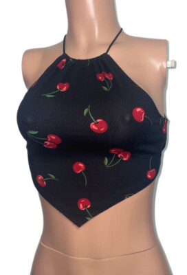 Y2K raver Cherry black bandana halter crop top bungee straps new Spring Break
