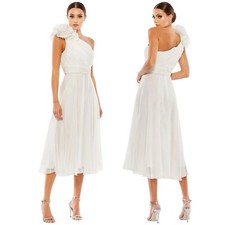 NEW Mac Duggal Rosette One Shoulder Tea Length Dress White Women Size 12
