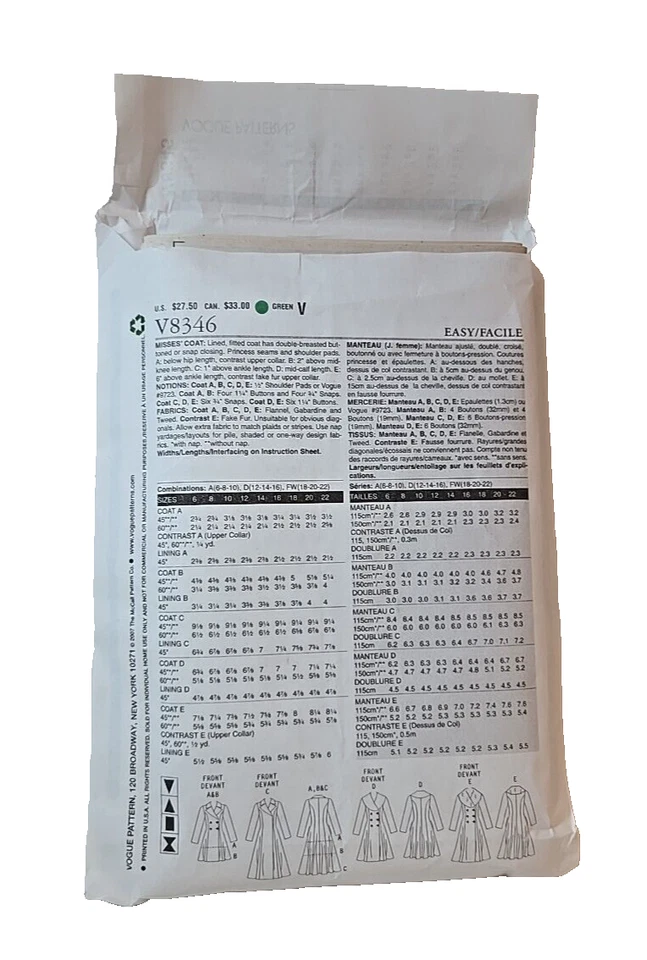 Abrigos Vogue V8346 Misses 18-22 ajustados acampanados con pechos dobles patrón de costura SIN CORTAR Foto 2 de 3