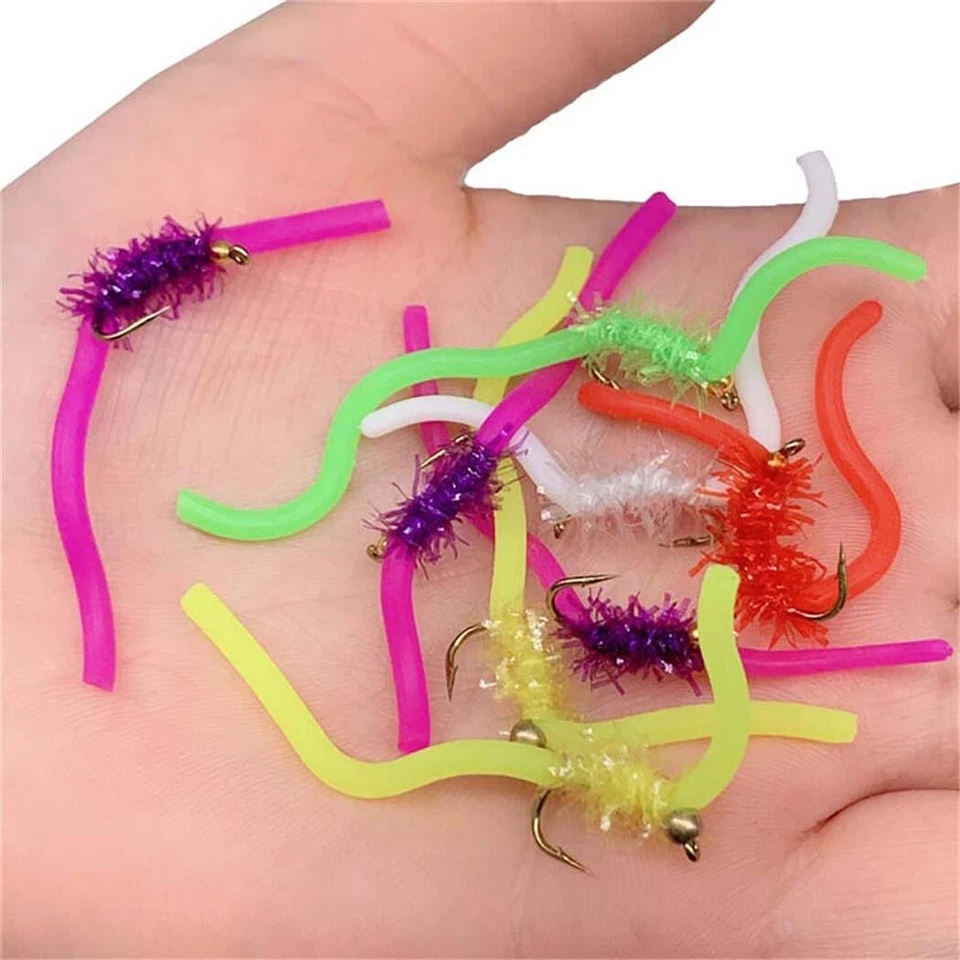 50Pcs Brass Bead Head Squirmy Wormy Fly Trout Fishing Lures Nymph Worm Baits - Image 4 of 4