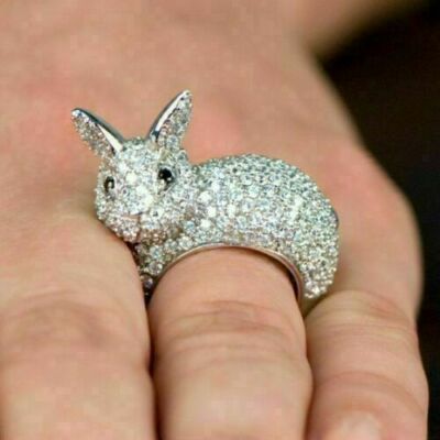 2Ct Rabbit Simulated Diamond Women's Ring 14k White Gold Plated Silver