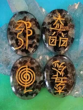 BLACK TOURMALINE ORGONE REIKI SET,ENGRAVED BLACK TOURMALINE CHAKRA BALANCING SET