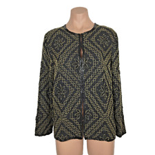VTG 90s Laurence Kazar SILK Beaded Jacket Cardigan SEQUIN Gold Bling Black XL