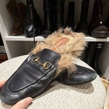 Gucci Black Leather Fur Lined Horsebit Women's Mule Slippers Size 8