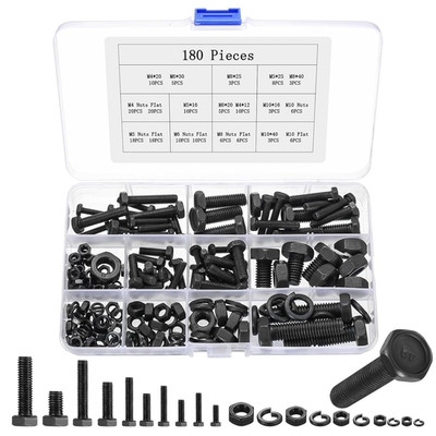 180 Stück M4 M5 M6 M8 M10 Schrauben Set, Sechskantschrauben Muttern Set, Schwarz