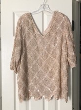 Vintage Silk Sequin Pearl Beaded Blush Top Women's Large Scalloped Edges