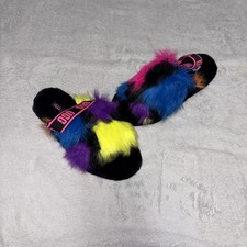 New UGG FLUFF YEAH Slingback Furry Sandal Neon Multicolor Party Spot Sz 9