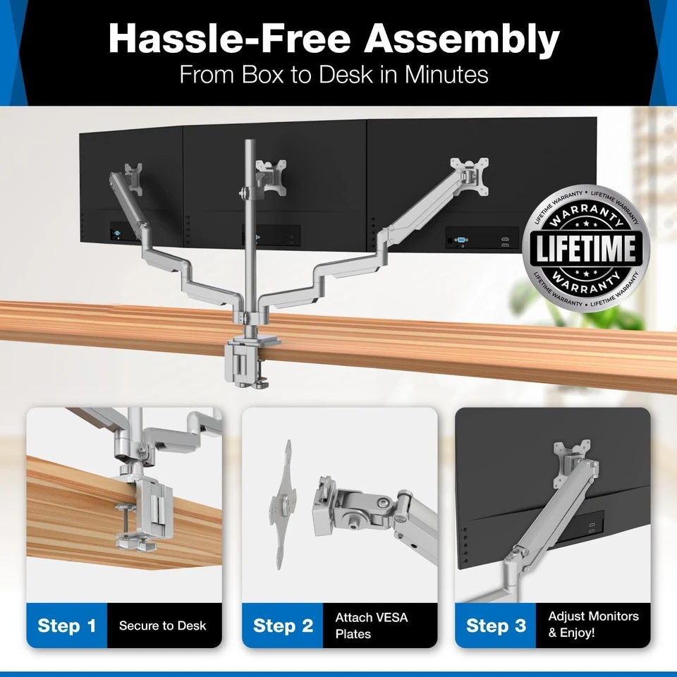 Triple Monitor Mount with Gas Spring Arms Full Motion Desk Stand for 24 32 In... - Image 4 of 4