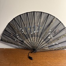 Antique Victorian Silk Hand Painted Black Fan With Gold Accents And Painted Bird