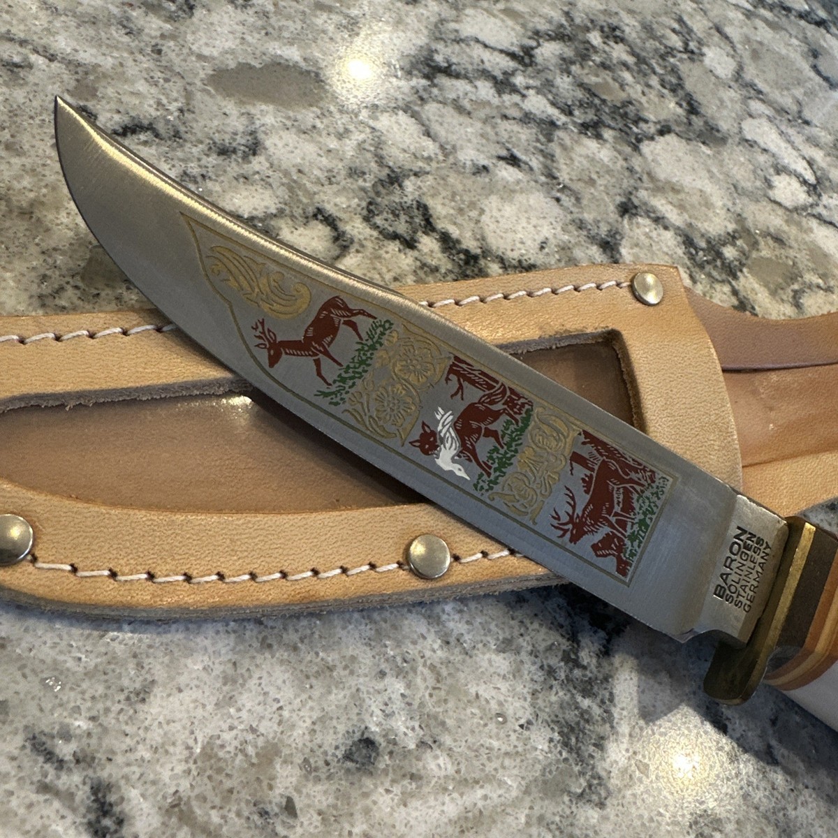 VTG Baron Solingen Germany Stag Handle Carved Etched Knife Elk