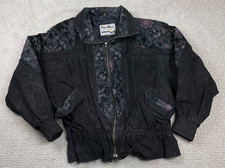 Vintage 70s Pioneer Wear Leather Jacket Womens M Black Suede Embroidered Floral