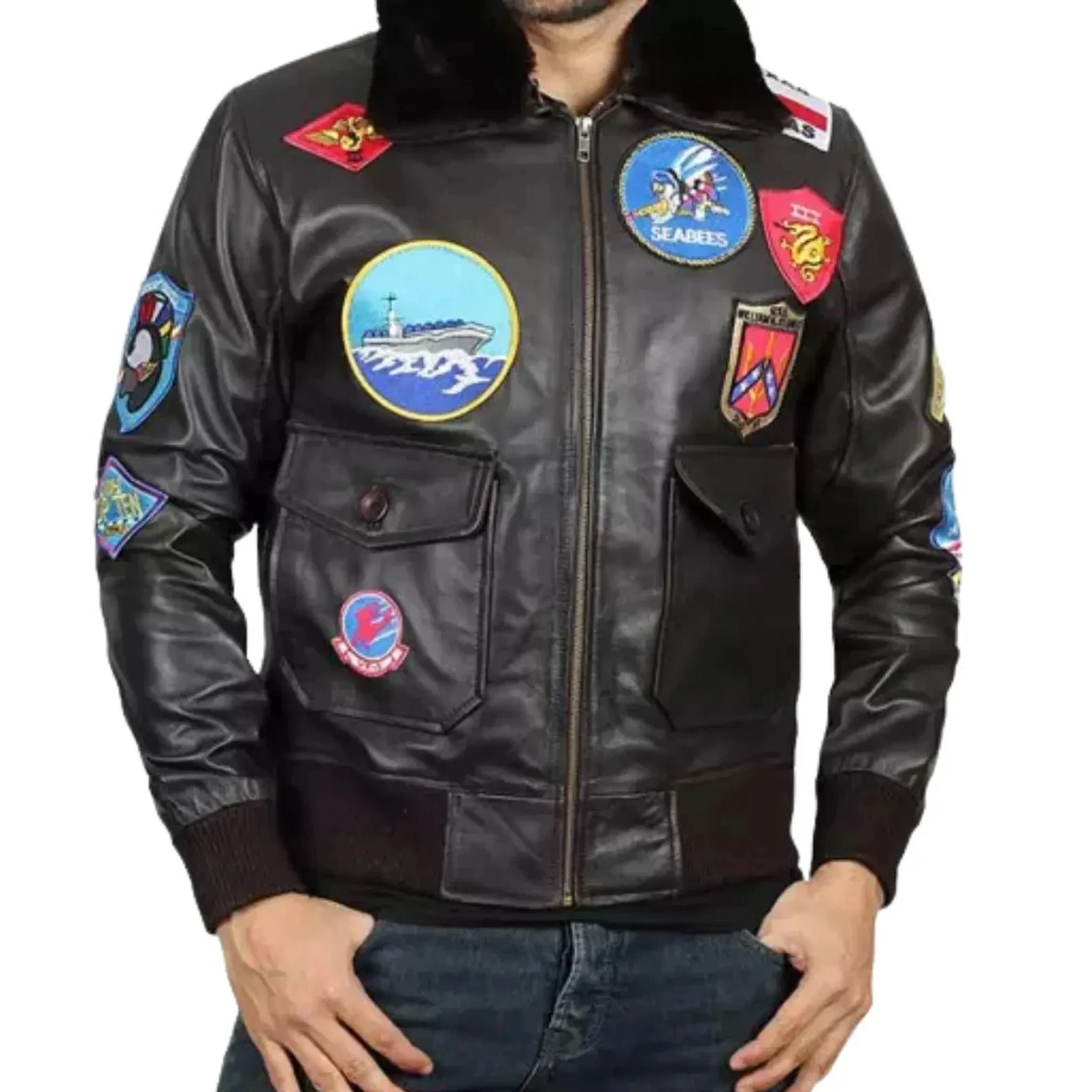 Men's Aviator Flight Real Leather Bomber Jacket Shearling Collar With Patches