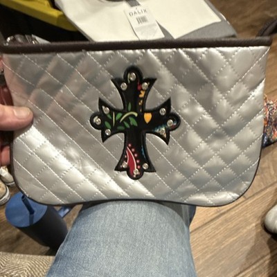 Luxcessories Inc Quilted Silver Clutch Bag Cross Accents Zip Closure