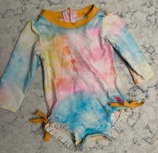 RuffleButts Baby Girls Rash Guard Swimsuit 6-12M Pastel Tie Dye One Piece Swim