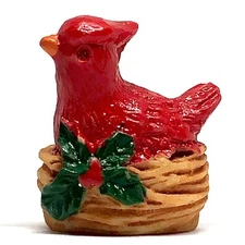 dollhouse miniature Christmas figurine red cardinal bird in nest holly xmas ASIS