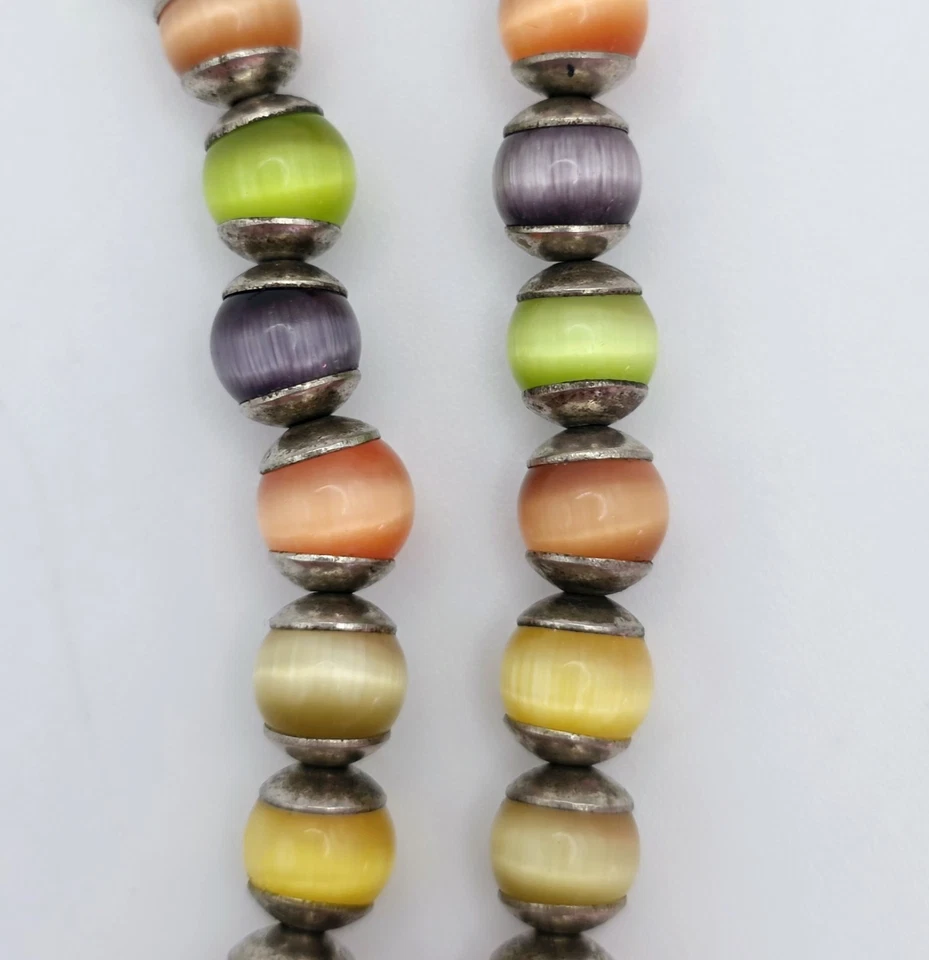 Collar Vintage Plata Esterlina Ojo de Gato Cuentas Multicolor Retro Boho Único Foto 4 de 4