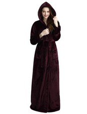 Womens Long Hooded Bathrobe Fleece Full Length Bathrobe with Hood Winter Slee...