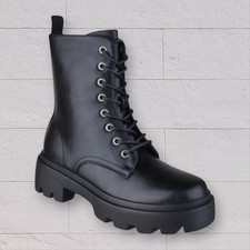 WOMENS LADIES CHUNKY ARMY COMBAT LACE UP ZIP PUNK BIKER ANKLE BOOTS SHOES SIZE