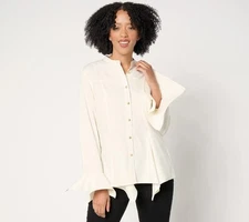 Women with Control Attitudes by Renee Handkerchief Hem Button Shirt Ivory L New