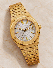 Automatic Octagon Watch Silver Dial Date Gold Bracelet Exhibition Back