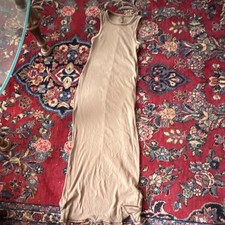 Skims Beige Ribbed Knit Sleeveless Maxi Dress Scoop Neck Stretch Slit L/8/10