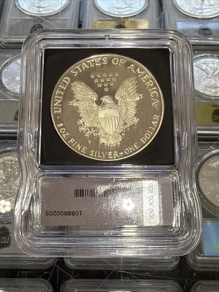 1987 S PROOF SILVER EAGLE ICG PR70 DCAM AUSTIN HUTTO SIGNED BLACK LABEL 1 OF 249 - Image 2 of 2