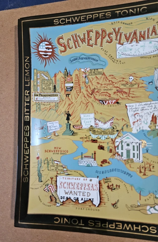 Vintage Schweppsylvania Schweppes Advertising Glass Tray Map Barware Recipes - Image 2 of 4