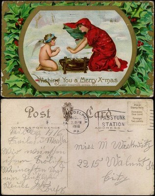 Christmas Xmas Angel Angel and Woman by Fire 1916 Gold Effect