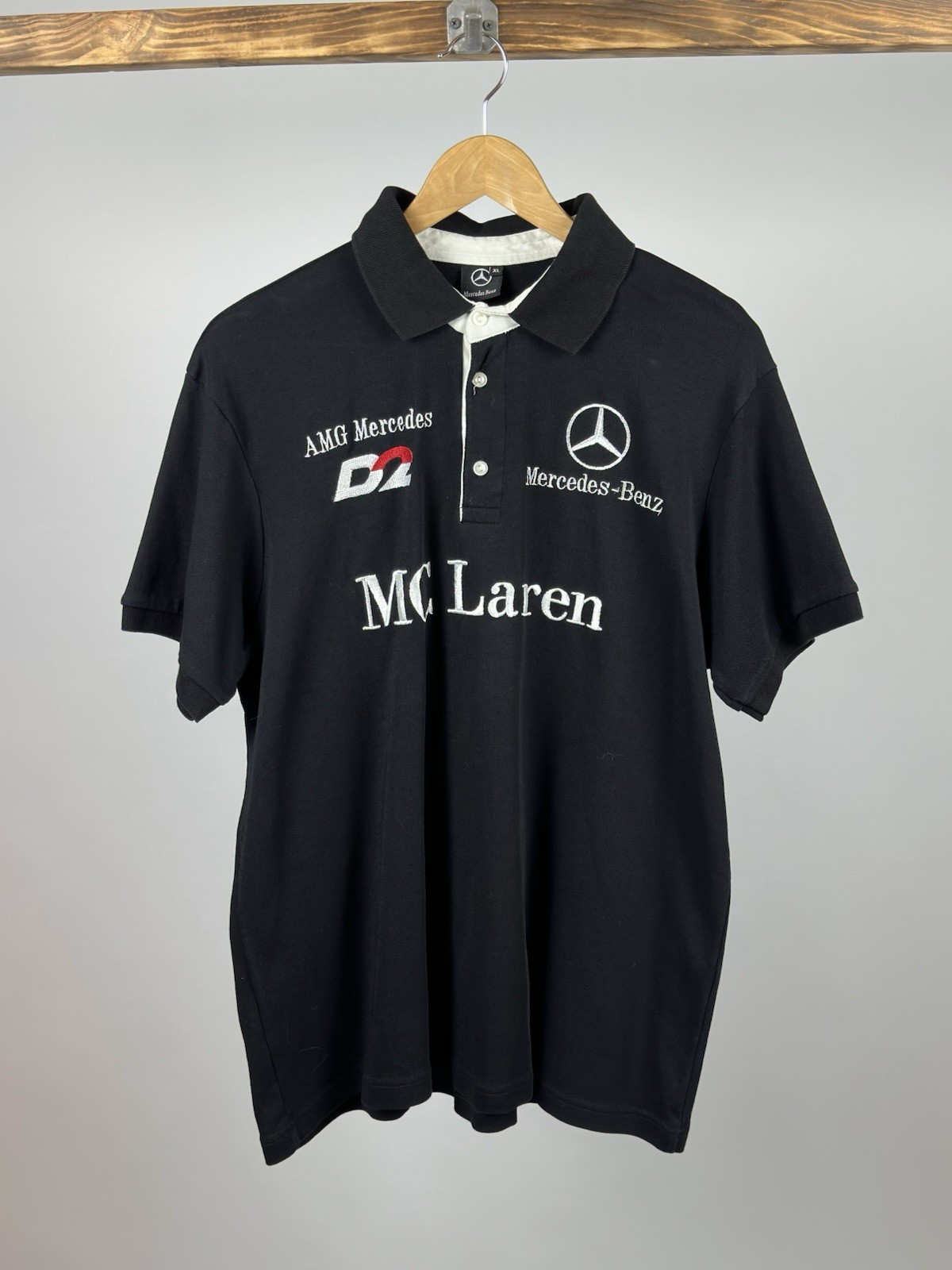 Vintage 00s Y2K Mercedes Benz AMG McLaren F1 Embroidered Black Polo T-Shirt XL